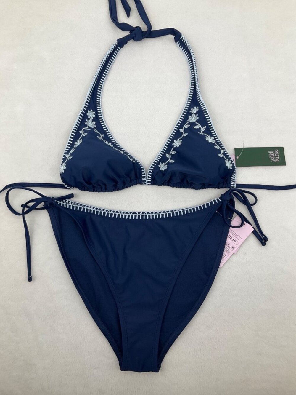 Wild Fable L (12-14) Navy Blue Bikini Set With Embroidered Floral Design Halter - Picture 2 of 7